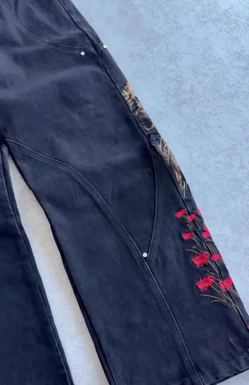 Samurai Embroidery Men Jeans Y2K Retro Harajuku Street Hip Hop High Waist Straight Pants Unisex Wide Leg Loose Denim Pants
