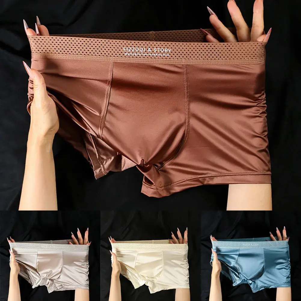 1pc Männer Satin-wie Eis Seide Boxer Glatte Höschen Aushöhlen Bund Unterhose Atmungs Einfarbig Unterwäsche Stamm