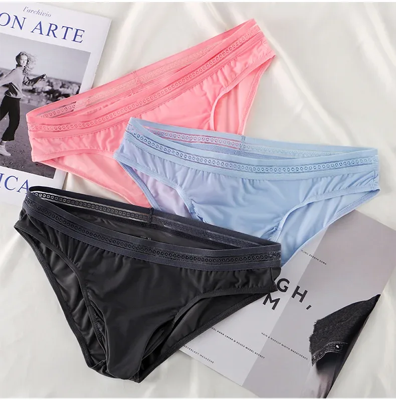 1/3PCS Men's Ice Silk Briefs Ultra-thin Quick Dry High Elastic Lace Waistband Panties Sexy Seamless Breathable Bikini Underwear
