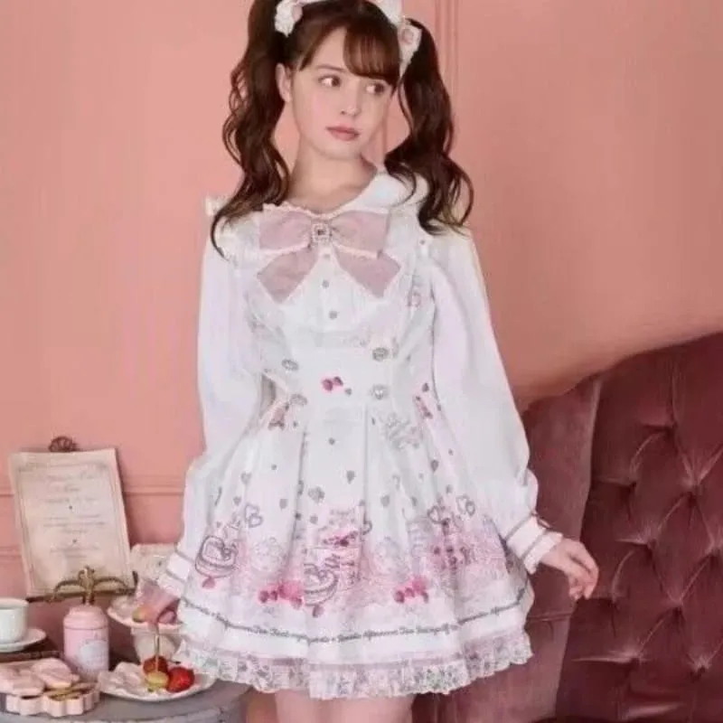 Japanese Kawaii Rhinestone Bow Dress Set Women Sweet Cute Lolita Style Lace Pearl Print Shirt Dresses Gothic Y2k Tea Party Dress