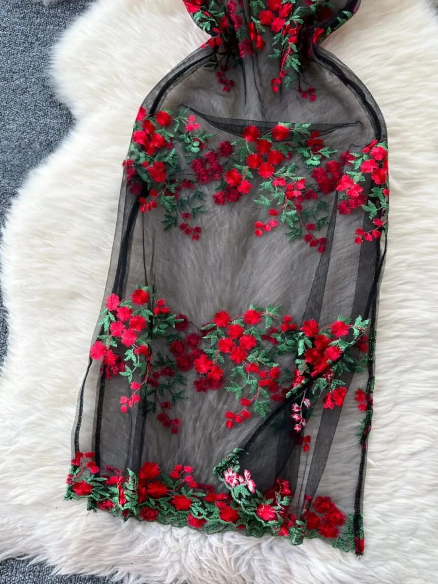 Woman Embroidery Floral Mesh Fashion Sexy Dress Chinese Style Short Sleeve Split Hollow Out Cheongsam New Gauze Sheer Dress