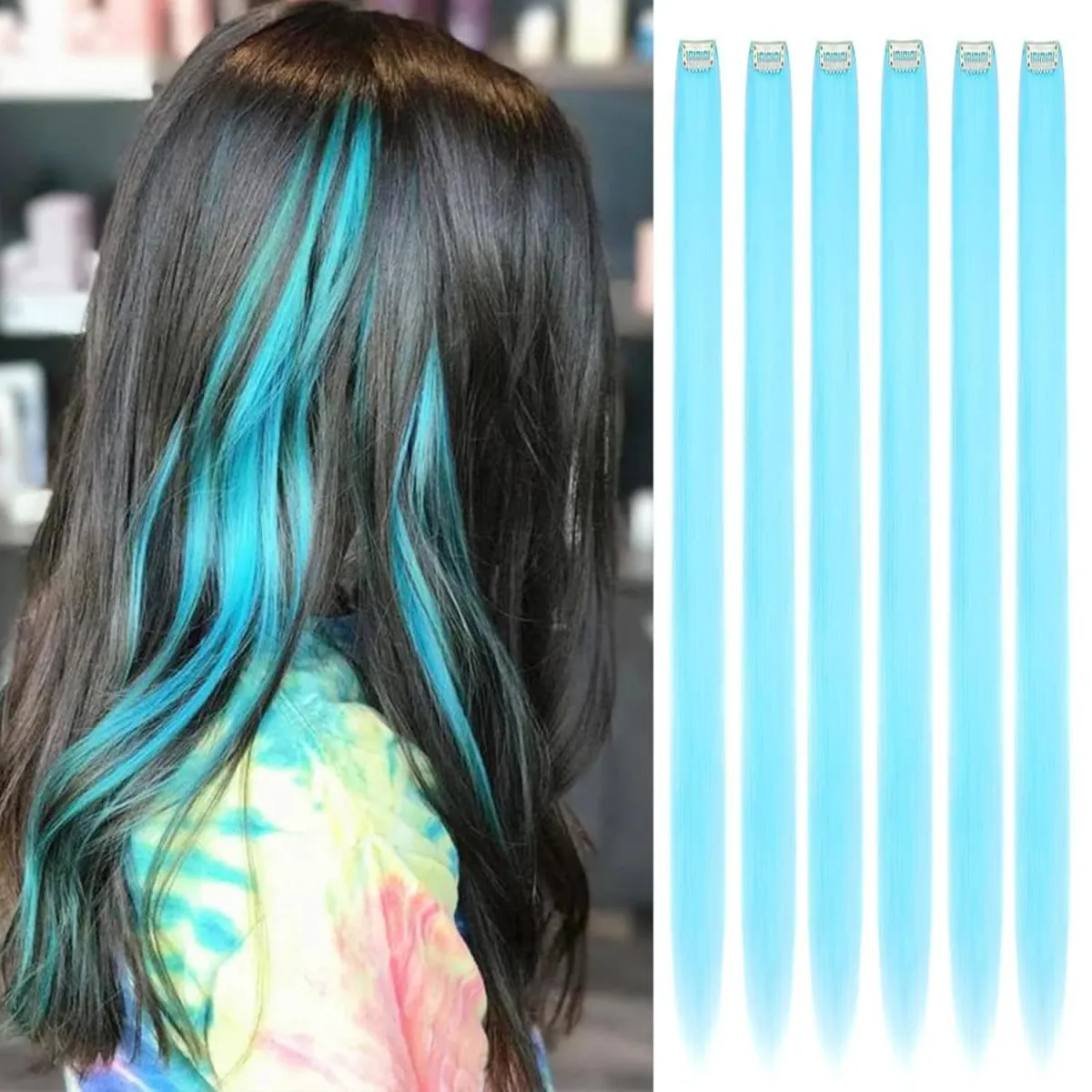 6 Pcs Clip Ins Hair Extensions 22 Inch Straight Colorful Clip In Hair Extensions Rainbow Party Highlights Synthetic Hairpiece