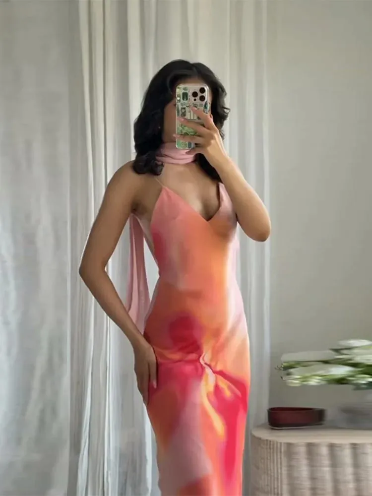 Elegant Tie-Dye Gradient พิมพ์ชุดสลิงยาวผ้าพันคอผู้หญิงวันหยุดแขนกุดชุดราตรีเปลือยฤดูร้อนวันหยุด Robes — image 4