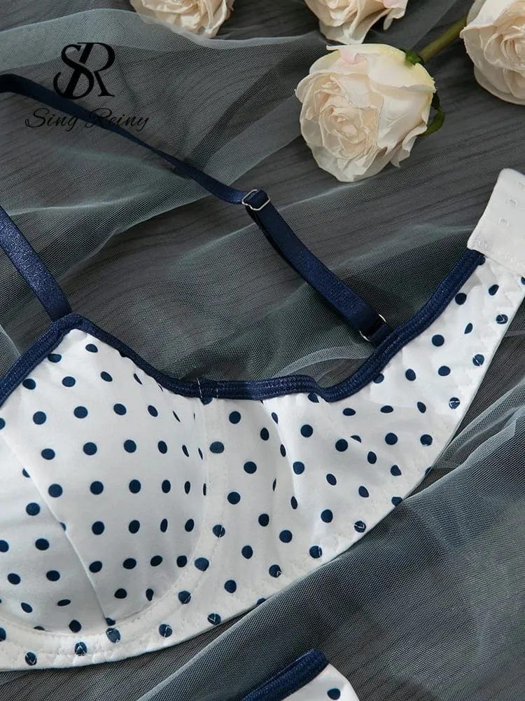 French Polka Dot Print Lingerie Sets Ladies Strap Underwire Bra+Sweet Briefs Hotsweet Vintage Underwear 2Pcs Suits