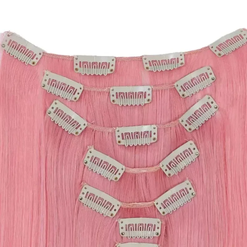 7 Clips In Hair Extensions Long Straight Hairstyle Pink 60CM Natural Synthetic Hair Daily Use Hairpiece For Women
