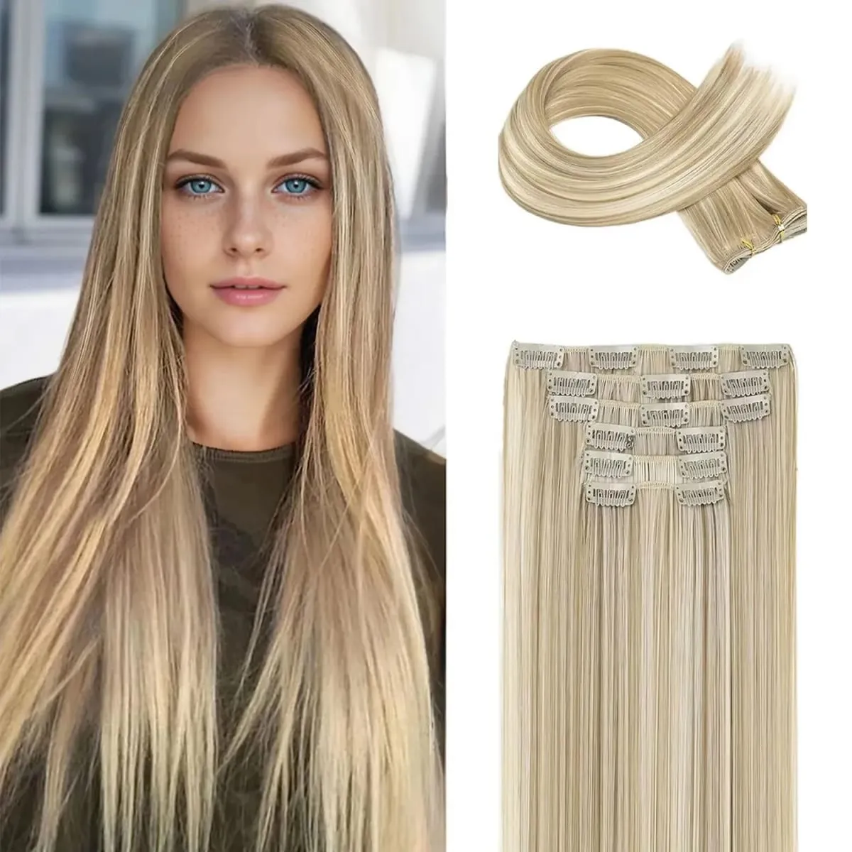 6Pcs Clip in Hair Extensions 24" Long Straight Heat Resistant Synthetic Clips on Hair Piece for Women Daily Wear