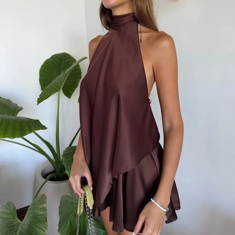 Combhasaki Women Y2k Lace-up Choker Halter Neck Satin Silk Vest High Low Asymmetrical Hem Camis Yesk Silky Backless Layering Top