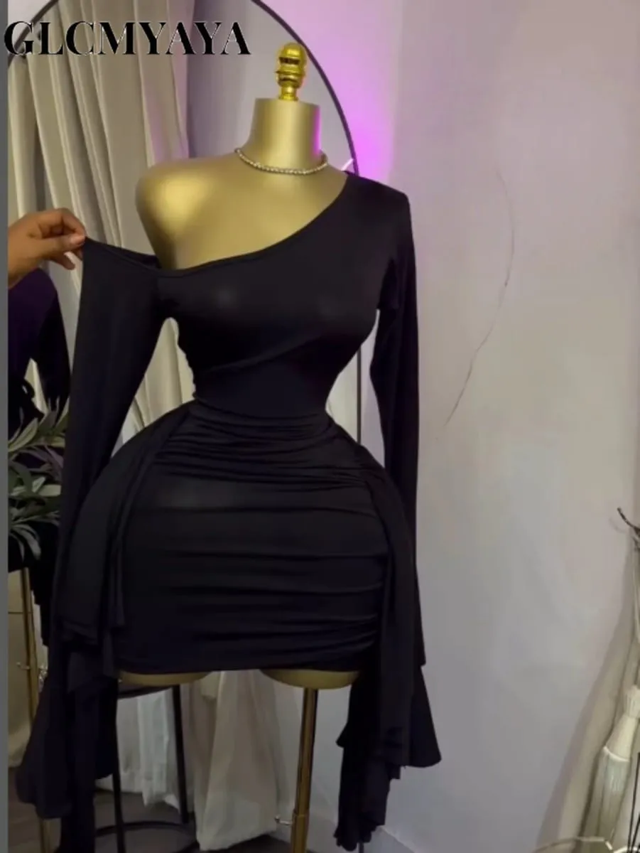Women Drop Shoulder Flare Sleeve Ruffles Side Bodycon Midi Mini Dress 2026 Birthday Holiday Trendy Dresses Vestidos