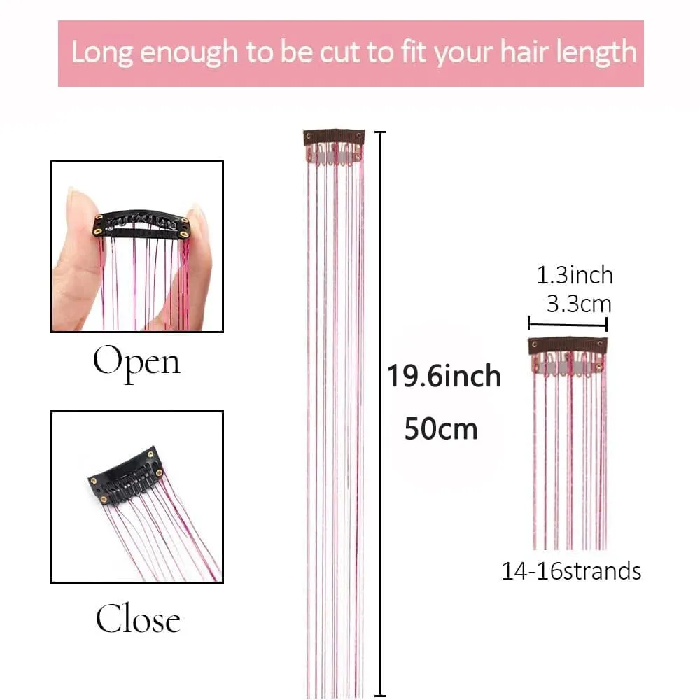 6Pcs Synthetic Hair Tinsel Clip in 20Inch Glitter Tinsel Hair Clip in Hair Tinsel Kit Heat Resistant Shiny Sparkle Fairy Hair