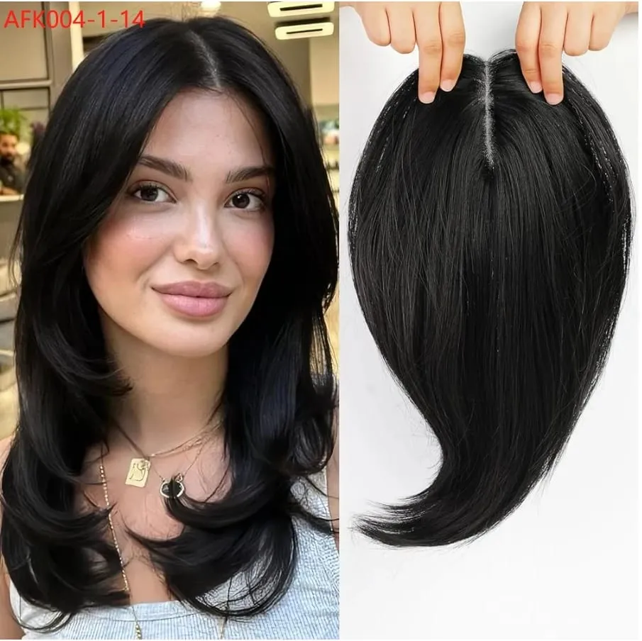 14 Inches Chestnut Brown With Blonde Layered Hair Topper with Bangs for Women Synthetic Swiss Base Hair Pieces Topper with Clips