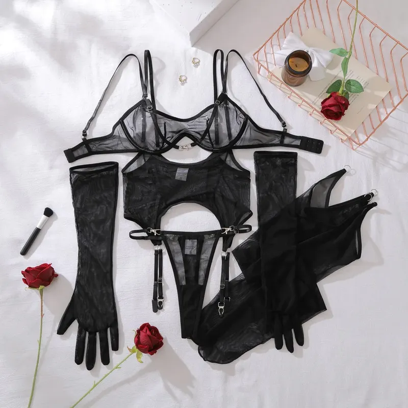 Sexy Mesh Breathable Lingerie Stockings Women's Shaping Ultra-thin Split Underwear Set Female Solid See Through Bra & Brief Sets — image 3