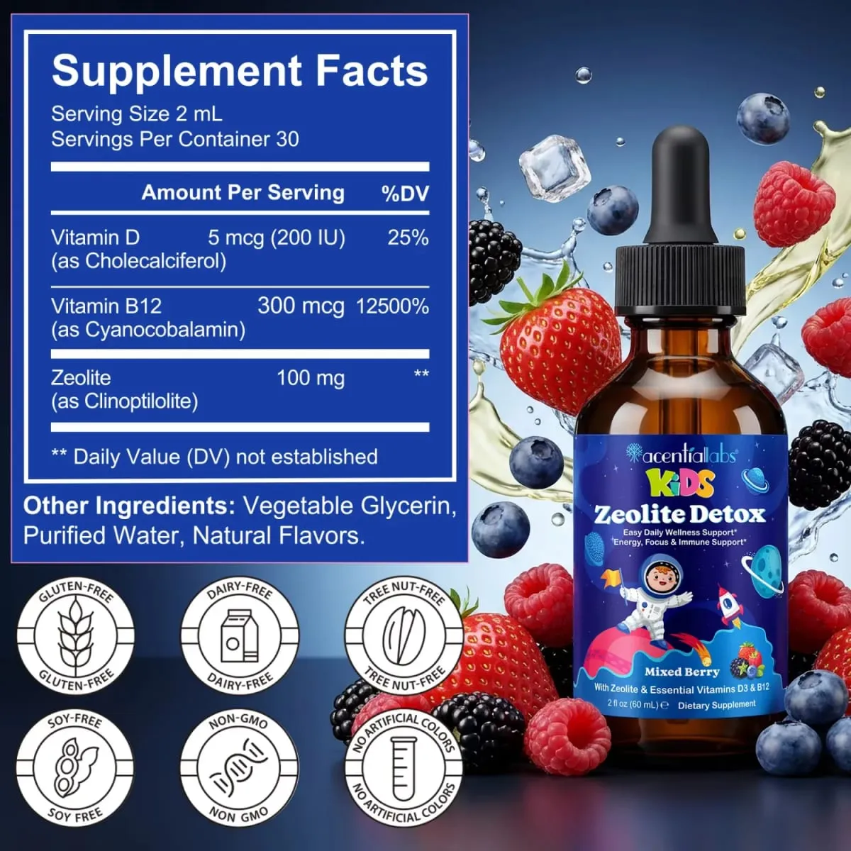 Kids Zeolite Detox Drops with Vitamin B12 & D3 Immune Energy & Bone Health Support for Growing Children Berry Flavor 60mL