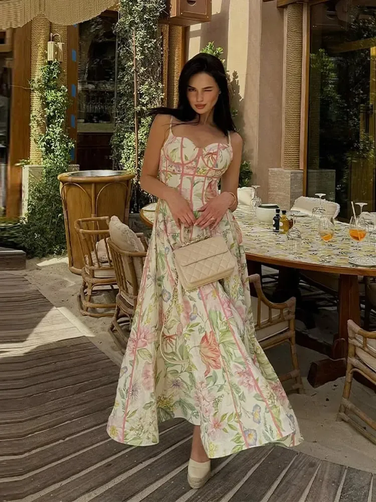 Floral Printed Sleeveless Halter Neck Maxi Dress Lady Waist Cinching A-line Dresses 2026 Women Summer Vacation Party Vestidos — image 3