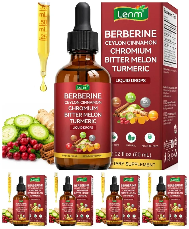 Lenm Berberine Liquid Drops with Ceylon Cinnamon Chromium Bitter Melon Turmeric for Metabolic Wellness Support 60ml 30 Servings