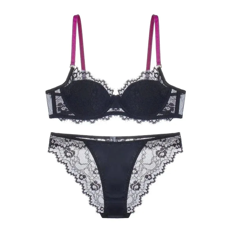 Sexy Lace Bralette & Panty Set with Push Up Steel Ring Large Size Thin Lingerie for Women
