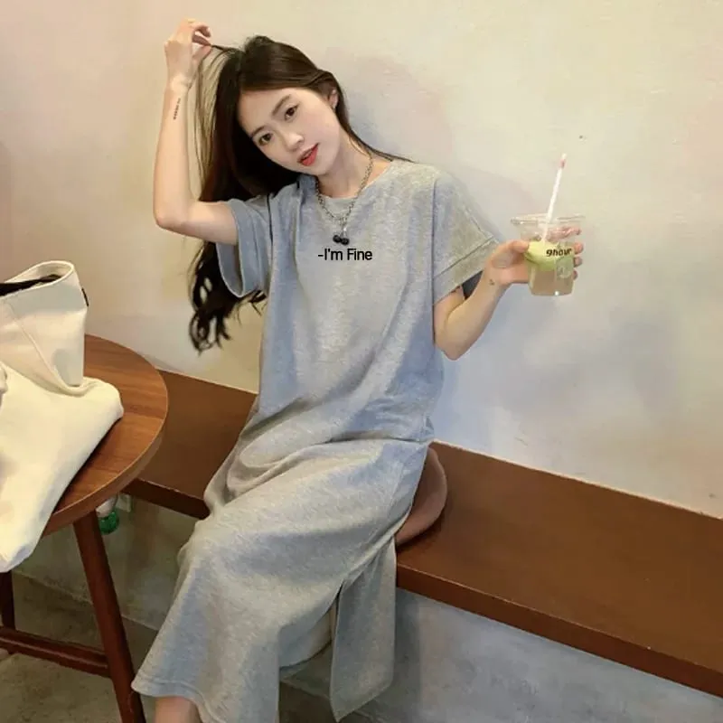Women Korean Loose T-shirt Dress Summer Letter Print Split Midi Dress O Neck Short Sleeve Casual Lazy Long Dress