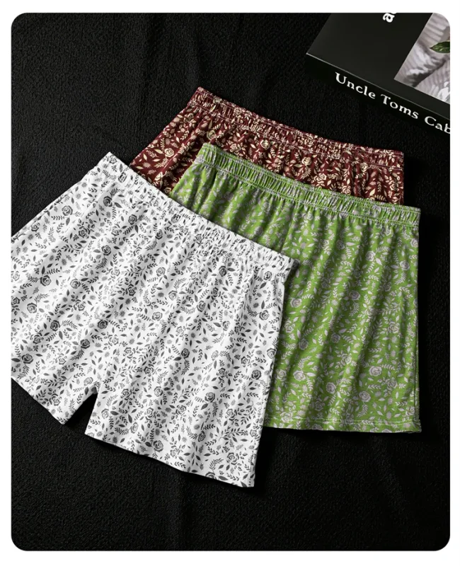 MiiOW 3Pcs Cotton Men Underwear Boxershorts Breathable Rose Print Man Underpants Skin-friendly Large Size Men's Shorts Panties