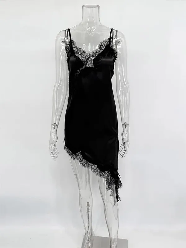Trendix Black Lace Slip Dress Women exy Hollow Out Sleeveless Short Dresses Party Club Ruffle Loose Elegant Backless Mini Dress