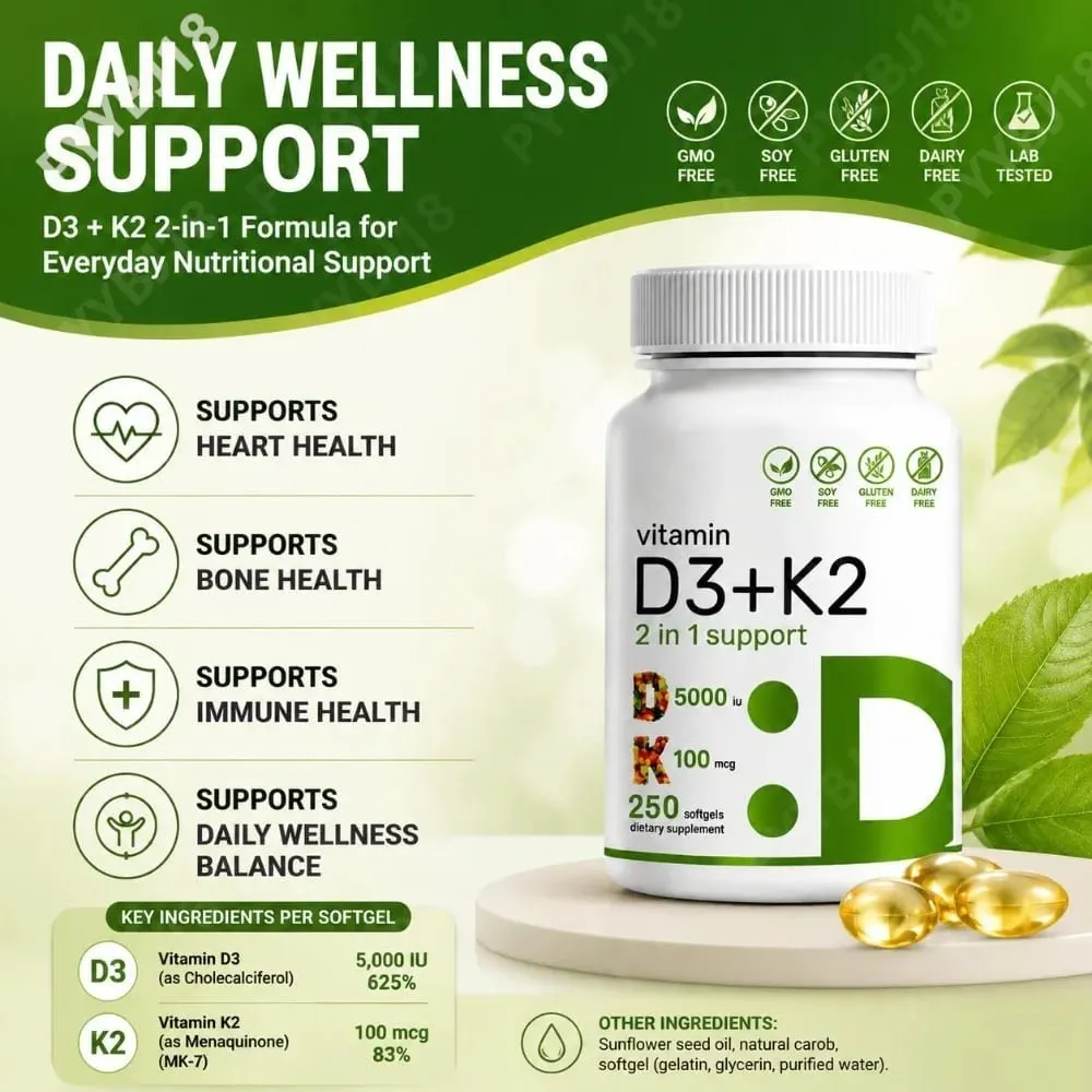 Vitamin D3 K2 Softgels with MK-7 5000 IU Vitamin D3 and 100 mcg Vitamin K2 for Daily Heart Bone & Immune Support 250 Softgels
