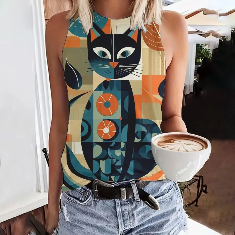 Débardeur d'été imprimé visage drôle de chat en 3D pour femmes, Streetwear à la mode, surdimensionné, col rond, gilet, épaules dénudées, sans manches, Camisole