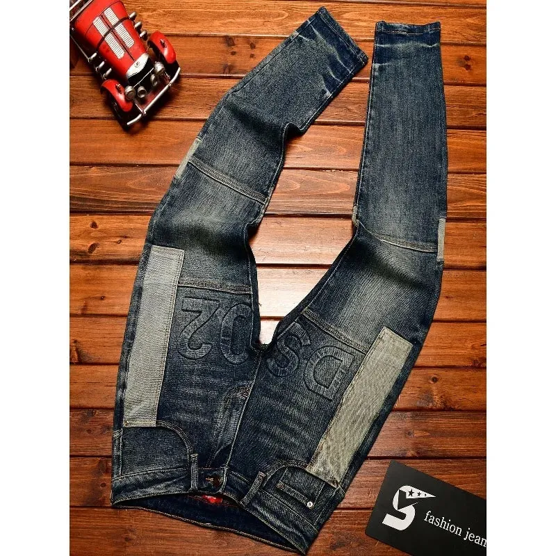 Fashionable high-end jeans for men slim fit small feet washed retro patchwork design trendy and luxurious men's pants