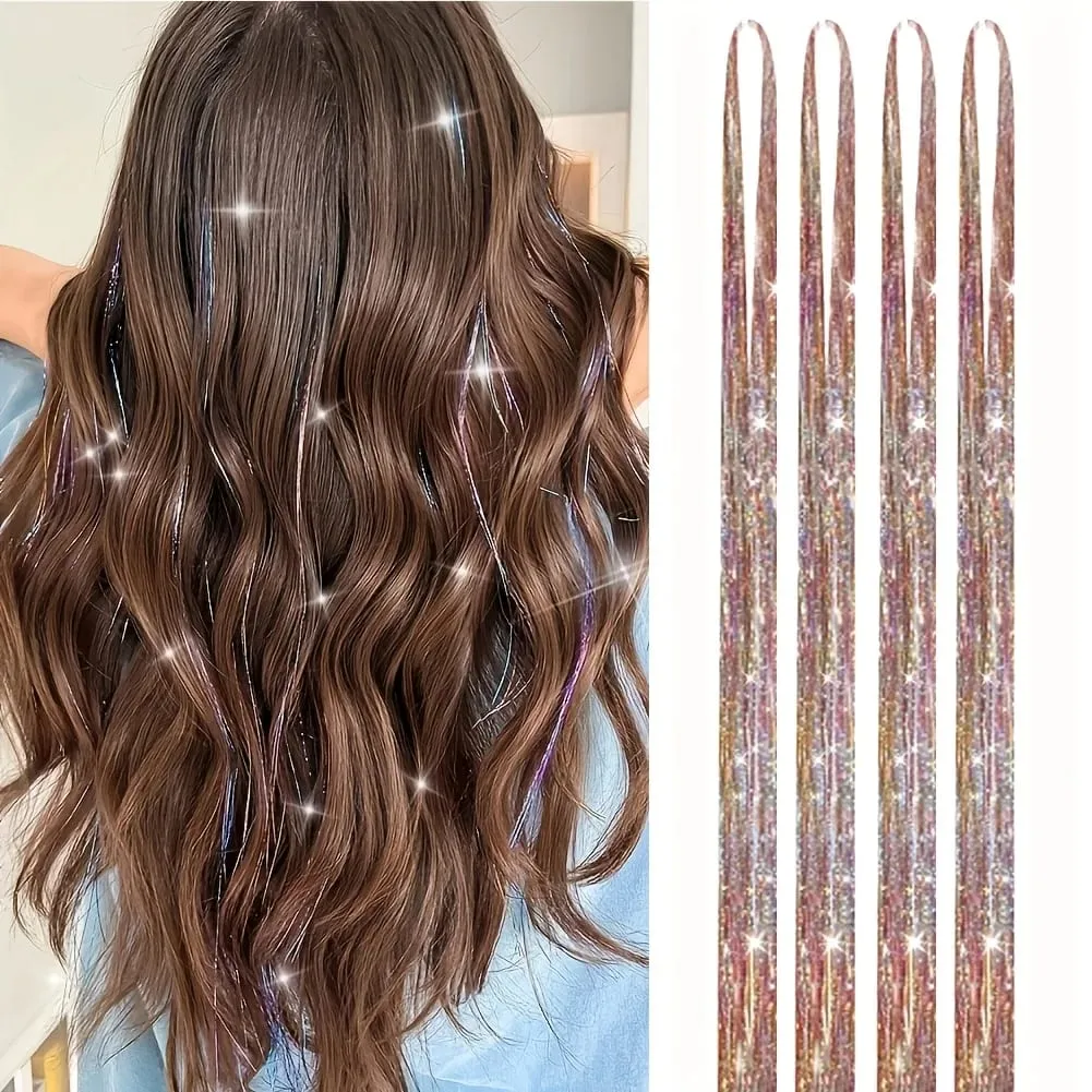 4 Packs 22inch Fairy Tinsel Hair Extensions Kit for Women Holographic Synthetic Hair Extension for Quick Hair Color Change