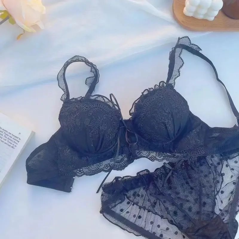 สไตล์ญี่ปุ่นลูกไม้ Bralette ชุดเซ็กซี่น่ารักชุดชั้นในแหวนเหล็กสำหรับหน้าอกเล็ก Push Up Bra & ชุดกางเกง ขายร้อน Now! — image 14