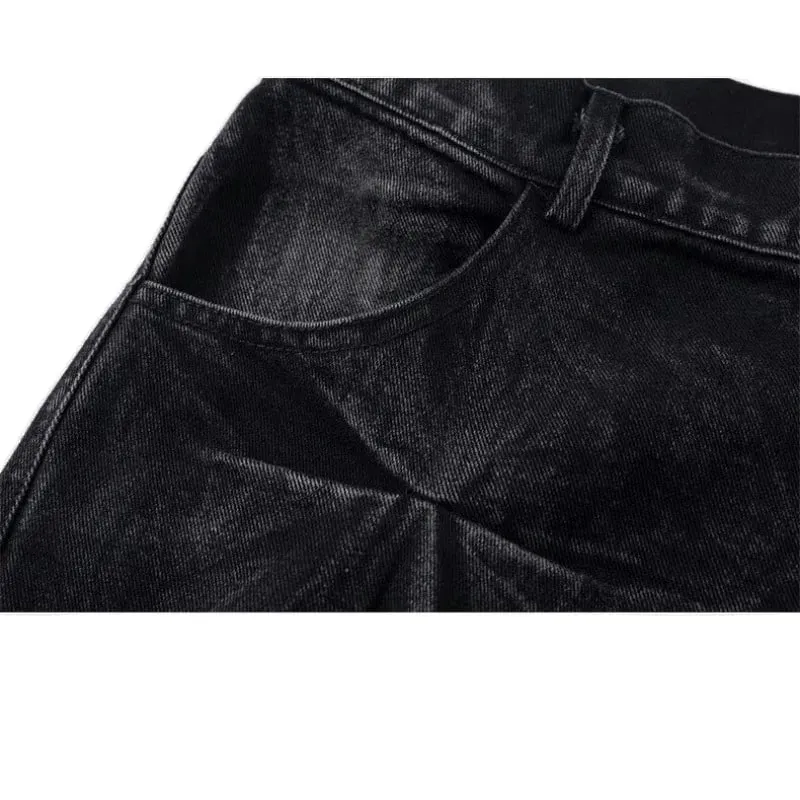 Mens Jeans Harajuku Y2K Streetwear Black Pleated Baggy Denim Pants High Street Hip Hop Wide Leg Loose Fit Casual Fashion Trend