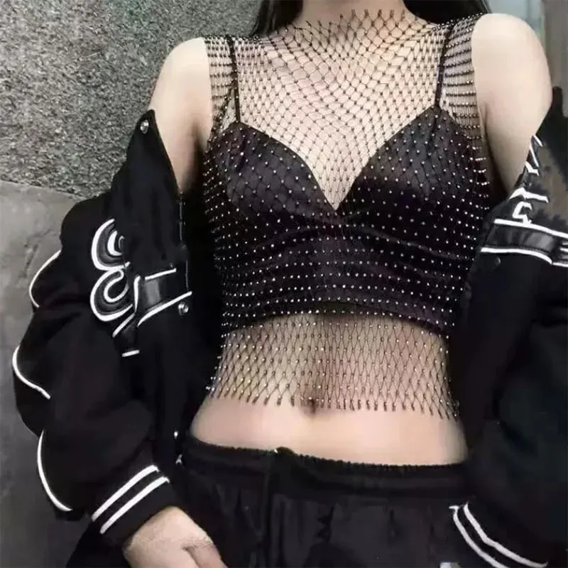 Summer Mesh See Through Vest for Women Sexy Shiny Rhinestone Fishnet Hollow Out Crop Top Beach Cover Up Party Club Tank Tops