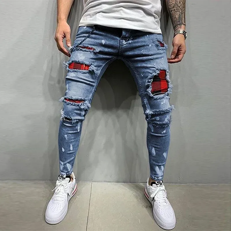 Bagong Panlalaking Skinny Ripped Jeans Fashion Grid Hole Endothecium Patches Slim Fit Stretch Casual Denim Pencil Pants Jogging Trousers