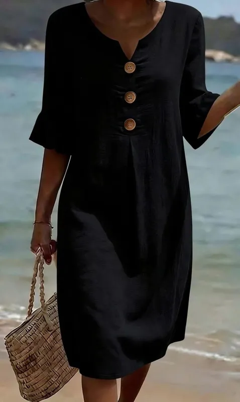 2026 Amazon European and American Cross-Border Spring and Summer New Cotton and Linen V-Neck Dress with Large Buttons and Ruffle