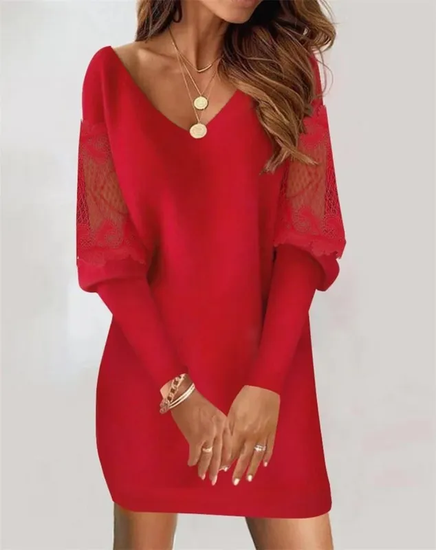 2024 Fashion Sexy V-Neck Mini Dress Vestidos Elegant Women's Autumn Winter Casual Loose Lace Long Sleeve Office Lady Dress Robe — image 3