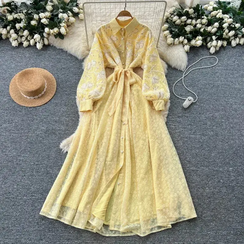 French Vintage Lace Embroidered Lapel Lantern Sleeve Dress Women Korean Slim Fit Waist Mesh Slim Long Dress — image 14