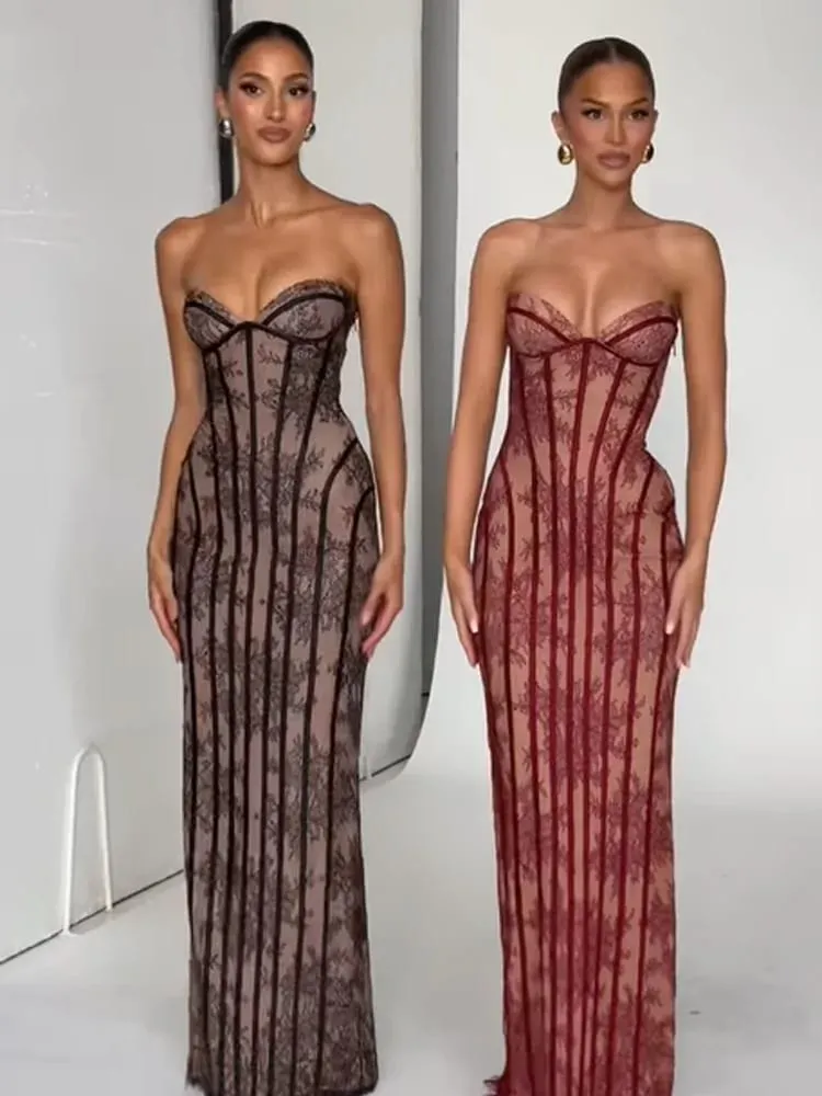 Women Gauze Fishbone Strapless Dress Chic Backless Off-shoulder Waist Cinching Slim Maxi Vestidos 2026 Lady Evening Party Gowns