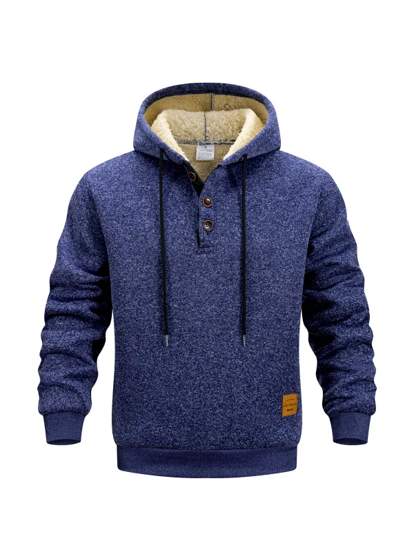 Men's Half Button Hoodie Thicken Winter Hooded Sweatshirts Retro Warm Fleece Knit Sweater Outdoor Running Sports Casual Pullover