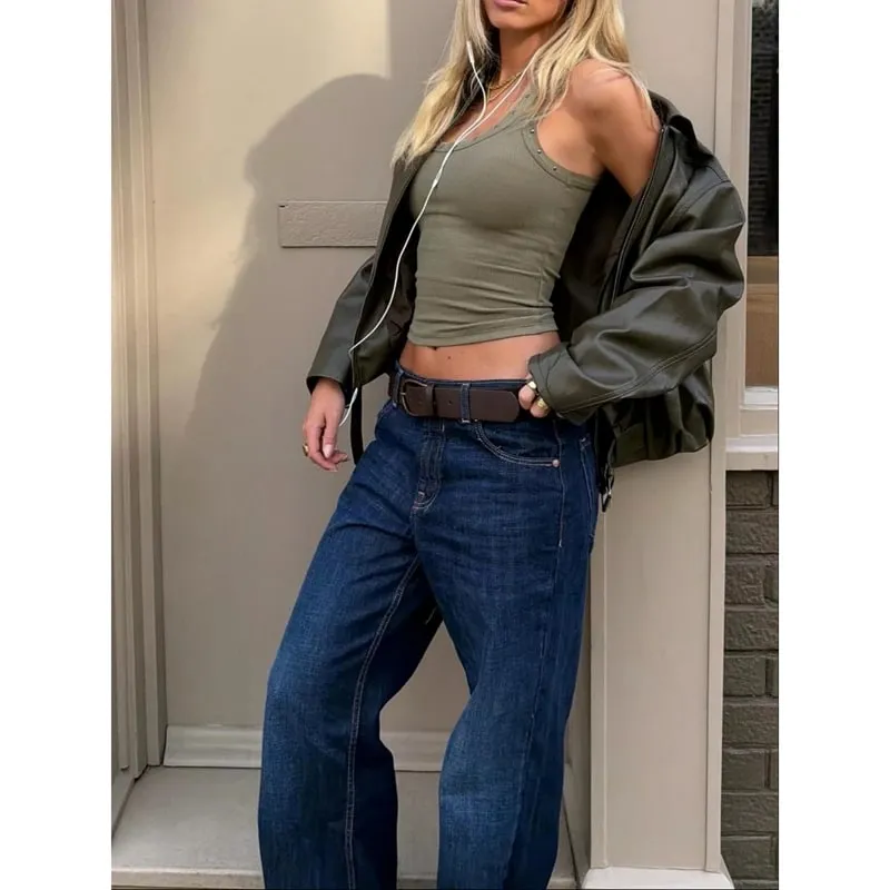 Combhasaki Women Studded Ribbed Knit Tank Top Rivets Trim Sleeveless Fit Crop Tops Low Scoop Neck Punk Going Out Vest Streetwear