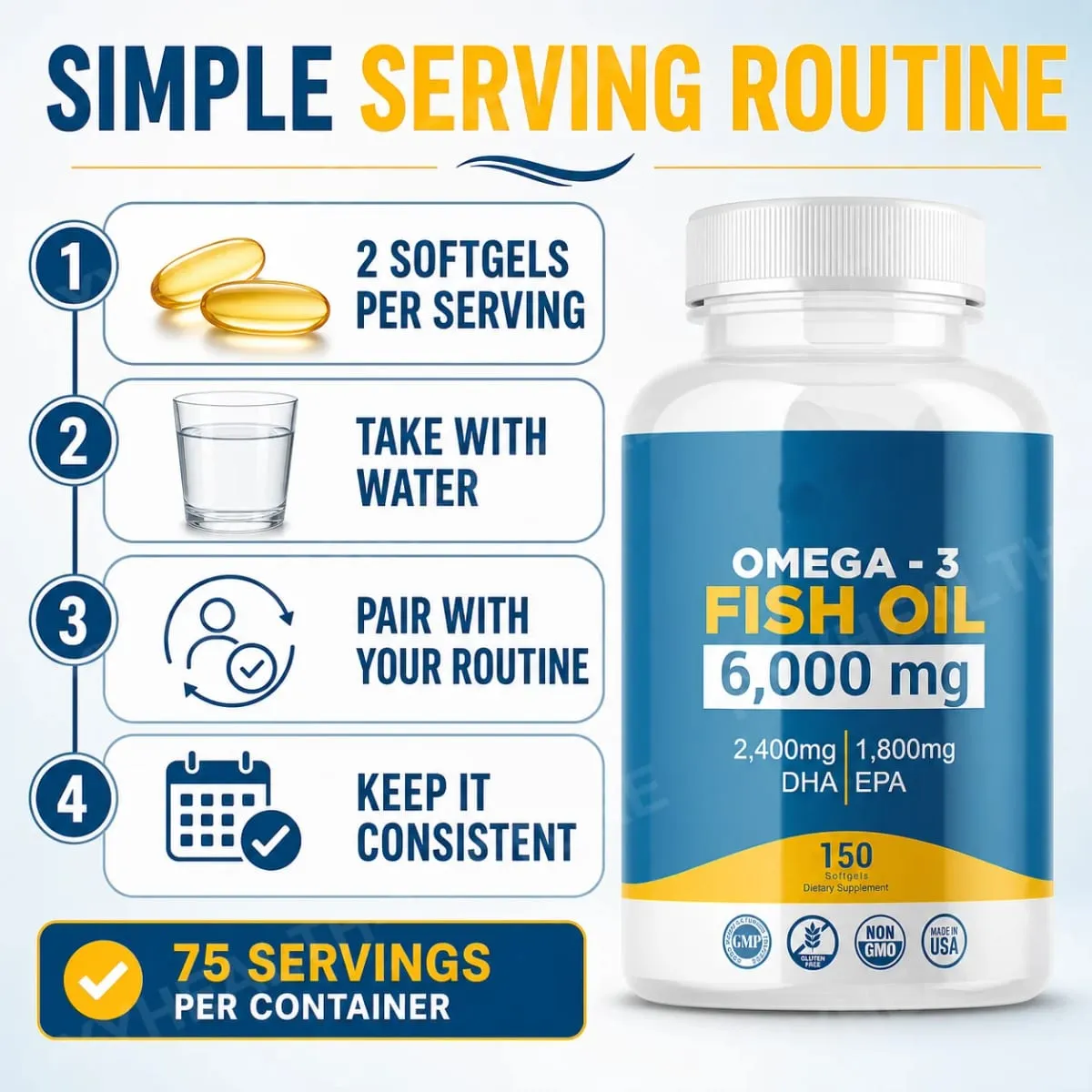 Omega-3 Fish Oil 6000mg Softgels High DHA EPA Formula 2400mg DHA 1800mg EPA Non-GMO 150 Capsules Heart Brain Nutrition Support