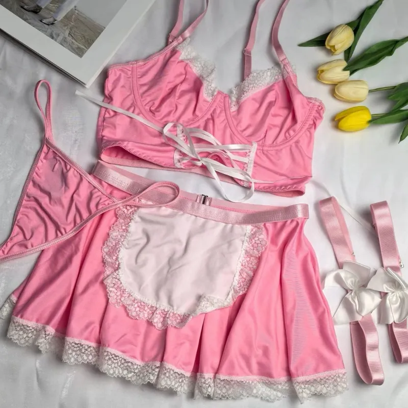 4Pcs/set Sexy Pink Lingerie Maid Underwear Lace Push Up Bra And Thongs Bandage Mini Dress For Women Role Play Outfits Sleepwear