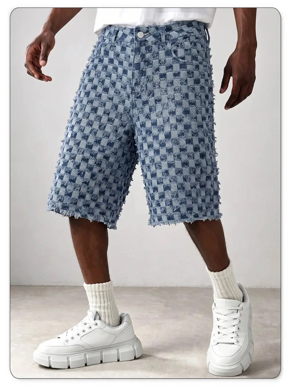 Men Fringe Checkerboard Jacquard Jean Shorts Casual Loose Wide Leg Raw Hem Knee Length Shorts Summer Bermuda Jeans