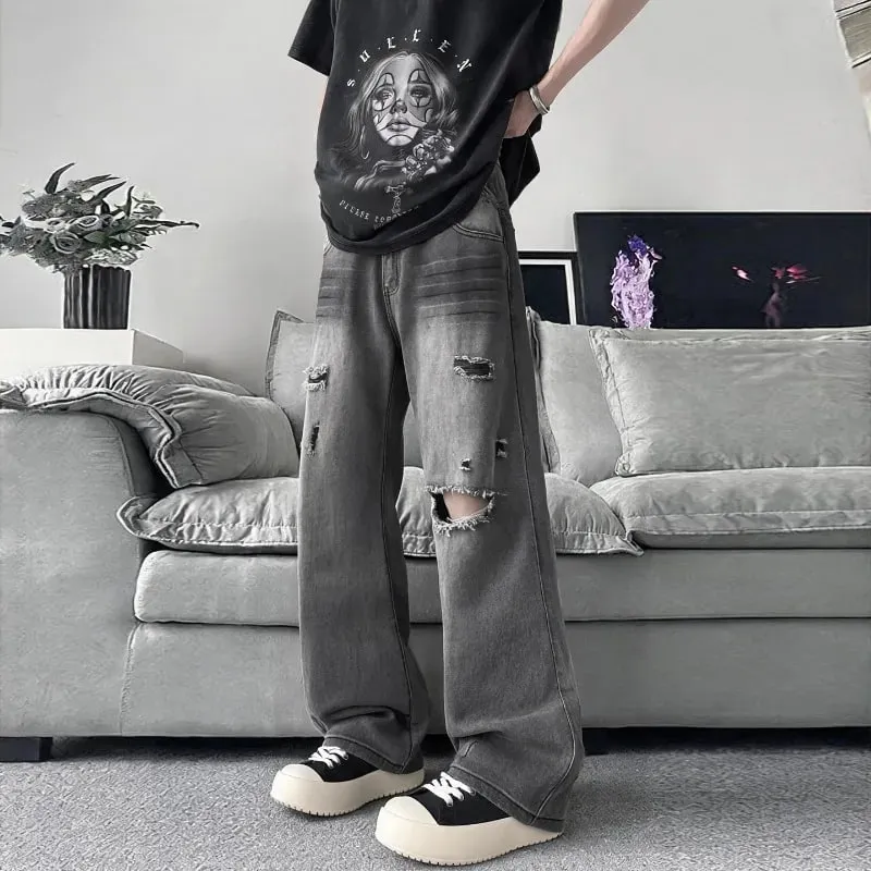 Summer Men's Distressed Denim Pants 2026 New Gray Washed Ripped Loose Straight Leg Casual Streetwear Jeans