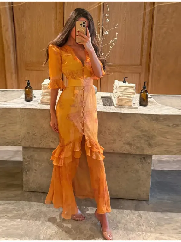 Chic Floral Puff Sleeve Women Maxi Dress Sexy V Neck Button Down Ruffle Slit Vestidos 2026 Summer New Lady Daily Party Sundress — image 9