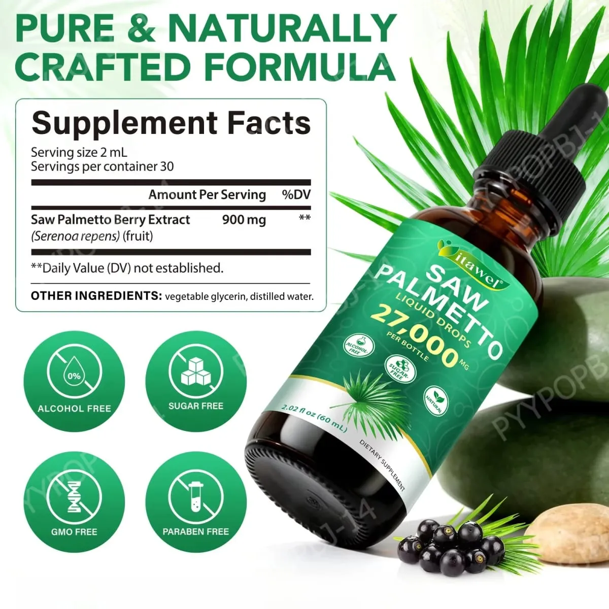 Itawel Saw Palmetto Liquid Drops Prostate Health Support Urinary Function Support GMO Free Paraben Free Sugar Free Vegan 60 ML