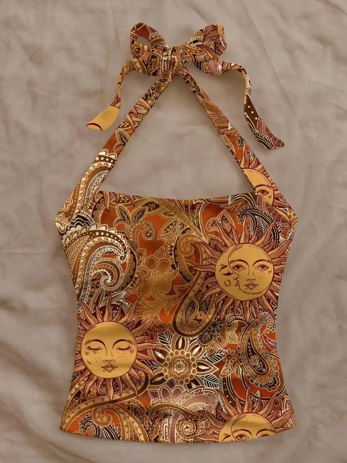 Women's Golden Sun God Paisley Full Print Halter Tank Top
