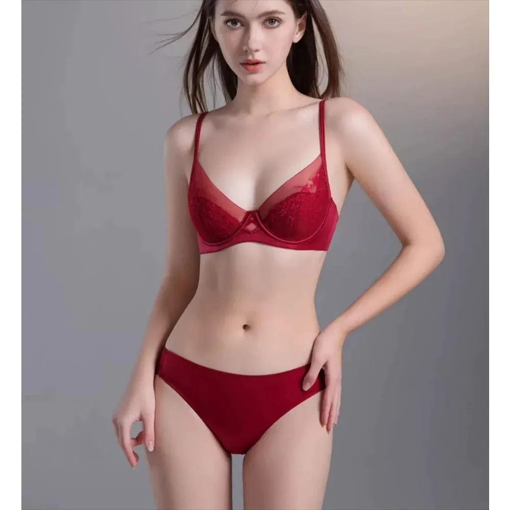 Bridal Festive Red Lace Intimates Kit Soft Underwire Thin Cup Push‑Up Support Lingerie Set For Small Bust 32‑38 Women Underwear
