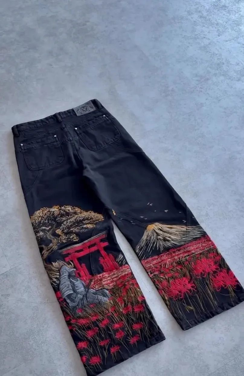 Samurai Embroidery Men Jeans Y2K Retro Harajuku Street Hip Hop High Waist Straight Pants Unisex Wide Leg Loose Denim Pants
