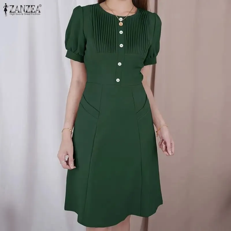 Summer Pleated Women Dress Fashion ZANZEA Solid Vestidos Short Sleeve Sundress OL Work Streetwear Party Knee Length Dresses
