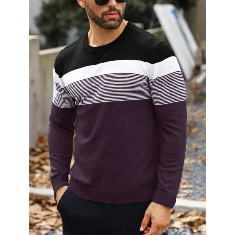 Fashion Autumn Casual Men's Sweater Round Neck Striped Slim Fit Knittwear Men's Sweaters Comfortable Pullovers Men Sweatshirt