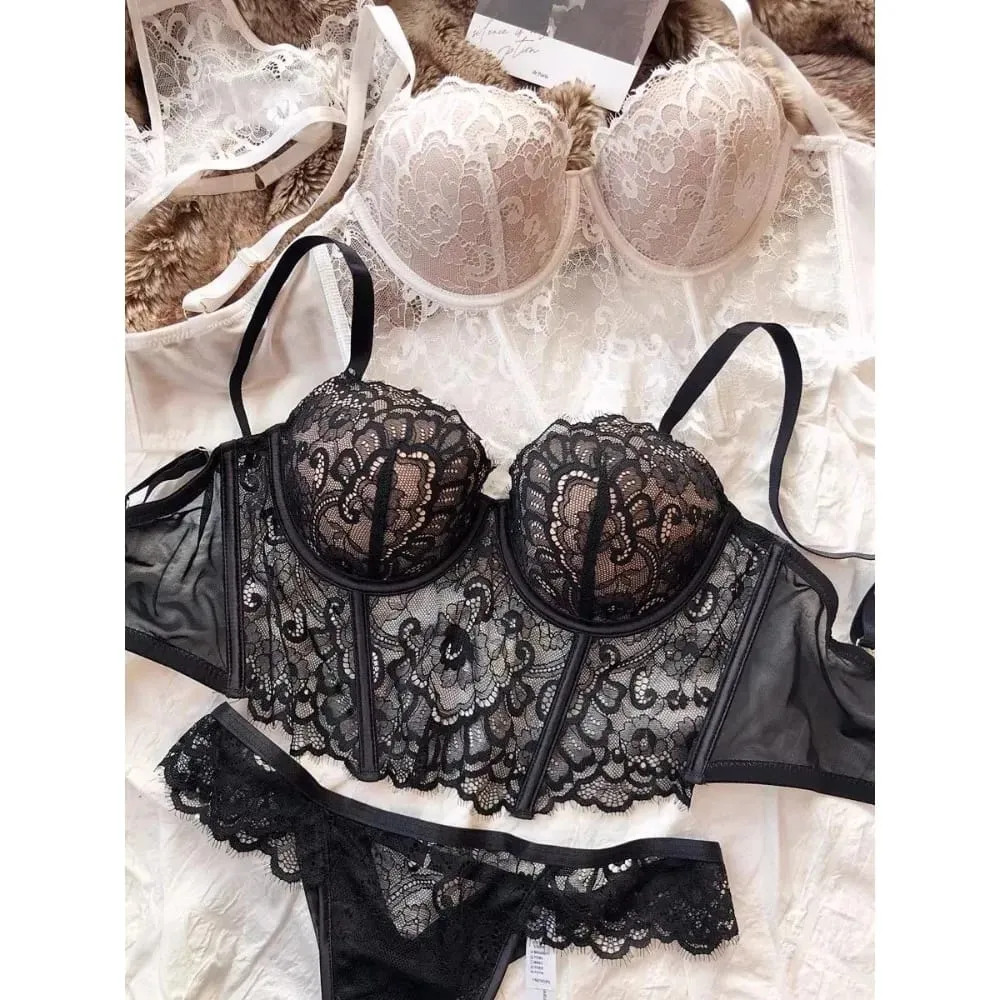 Sexy Women French Lace Fishbone Bra Soft Underwire 3/4 Cup Push Up Anti Sag Side Breast Shaper Comfort Daily Lingerie