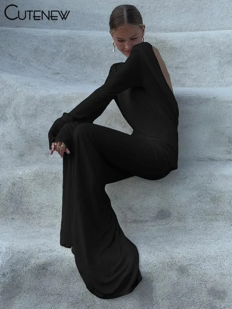 Cutenew High Street Women Maxi Dresses Classic Solid Backless Full Sleeve Sheath Concise Robe Pambabae Elegant Banquet Vestidos