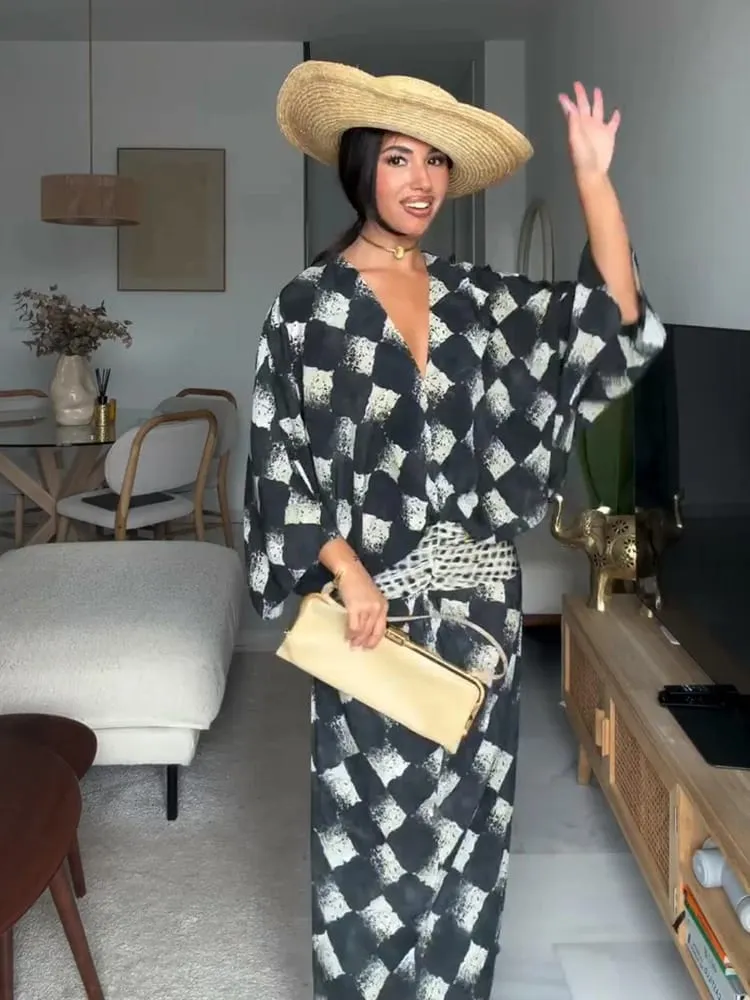 V-Ausschnitt, lockere Taille, gerafftes langes Kleid, Kontrastfarben, kurze Ärmel, plissiert, Maxikleider, schickes Urlaubskleid für Damen